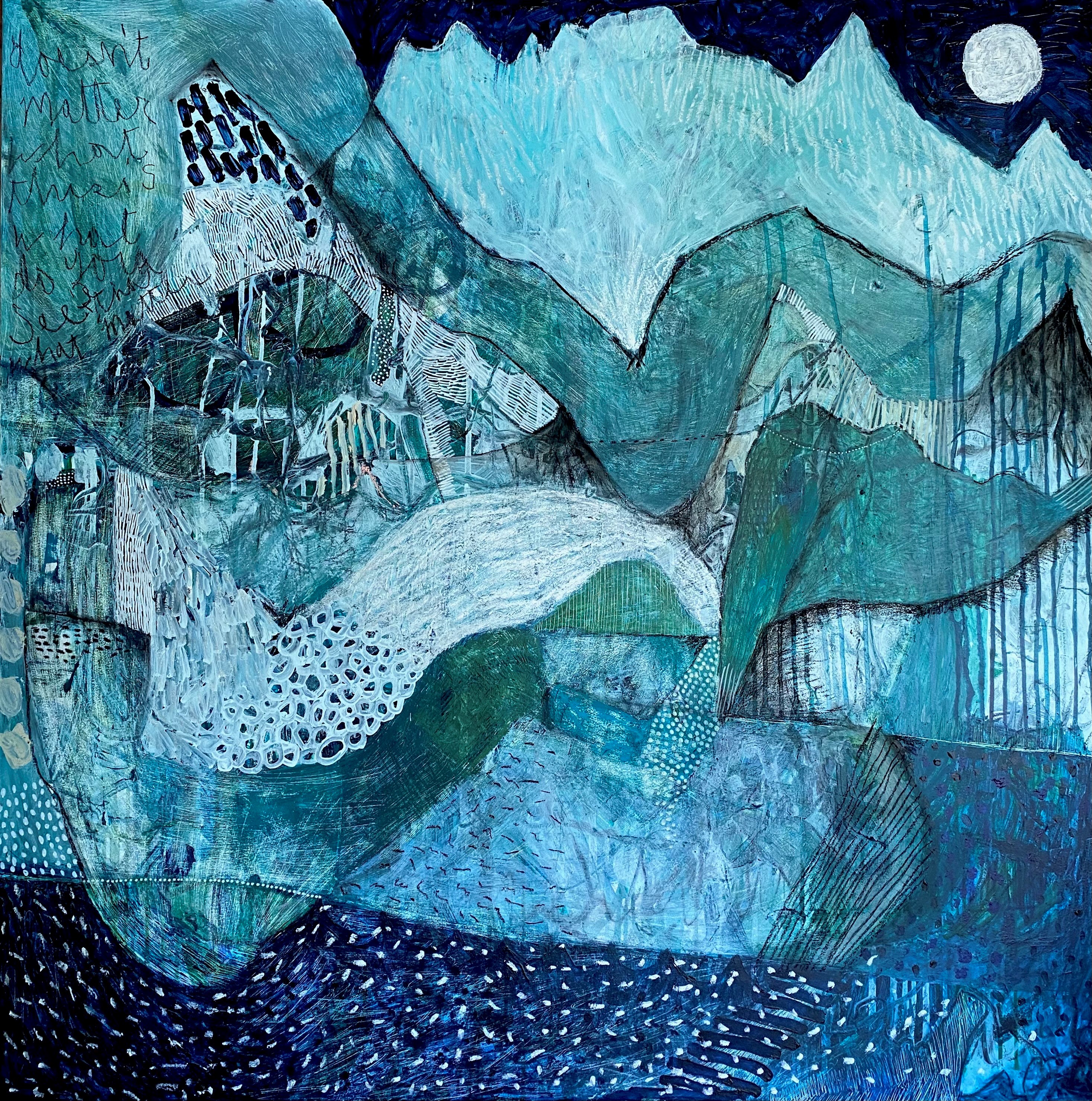 Reiko Azuma painting, mixed blues, acrylic on wood